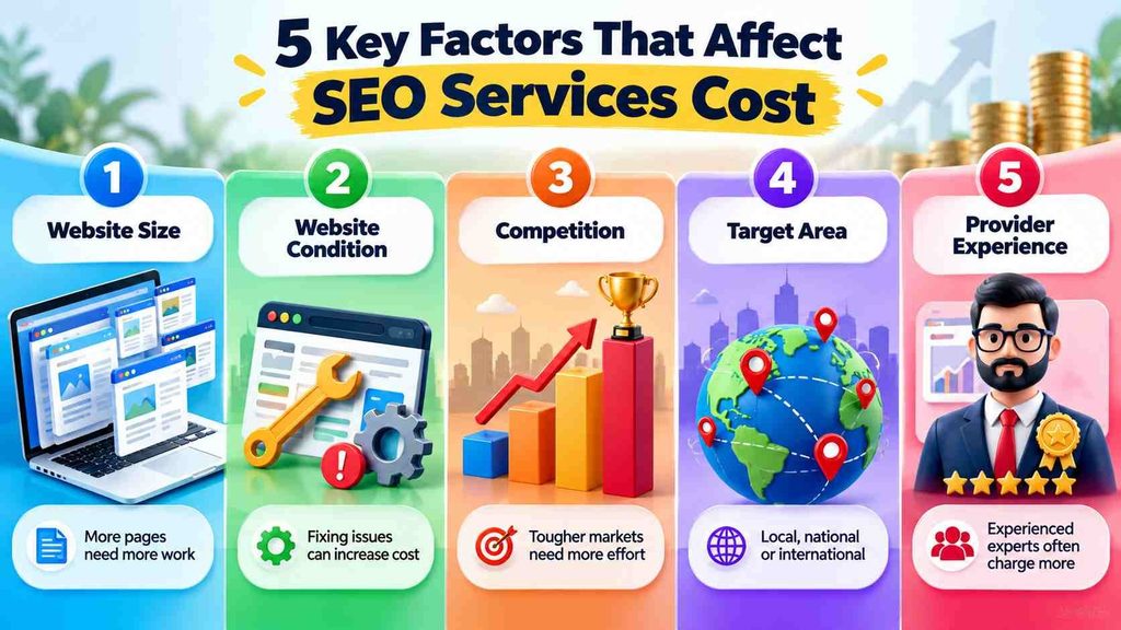 5 key factors that affect SEO services cost - website size, condition, competition, target area and provider experience
